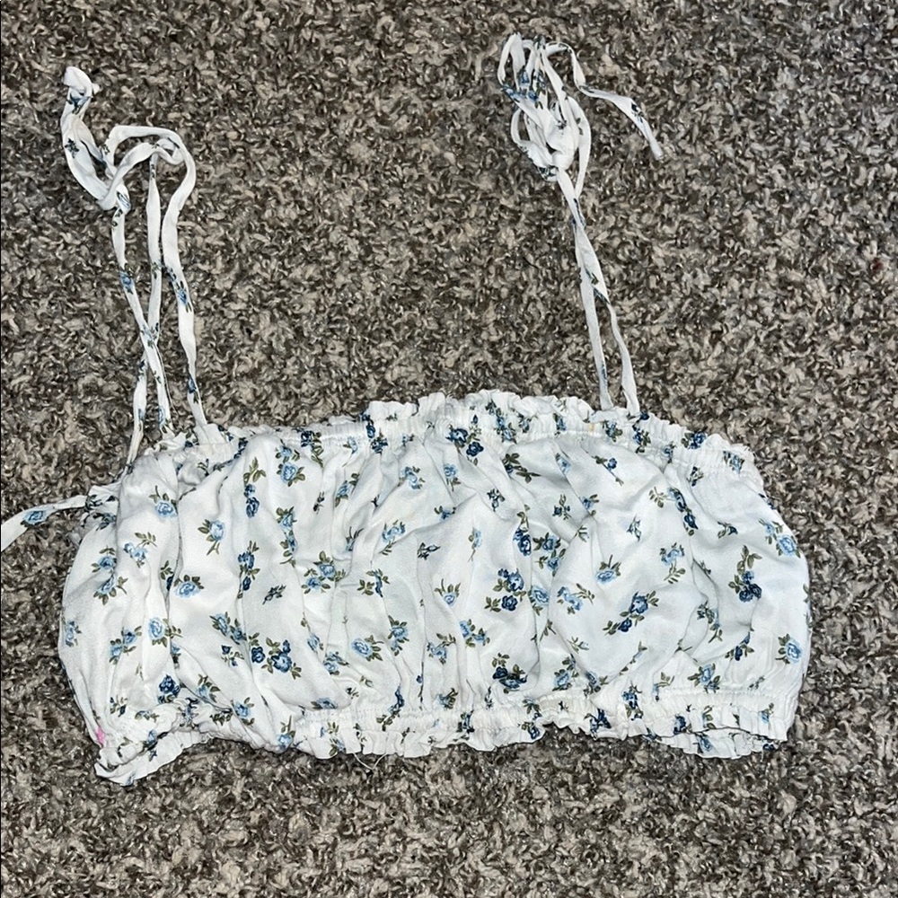 Garage White and Blue Ruched Tie Front Tank Top